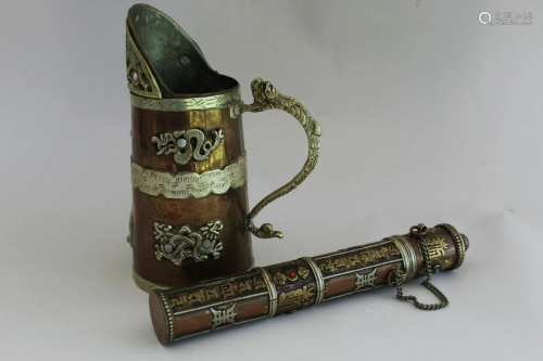 Tibetan brass mug and utensil box.