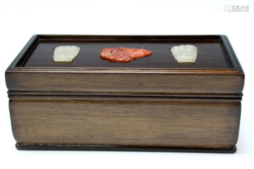 Chinese Hardwood Box with Jade and Agate Inlay.