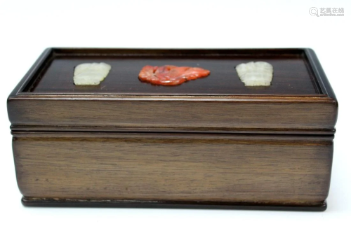 Chinese Hardwood Box with Jade and Agate Inlay.