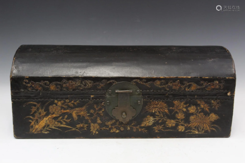 Antique Chinese lacquer on leather jewelry box.