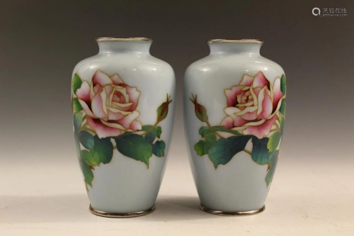 Pair of Japanese cloisonne rose vases