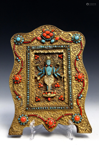 Tibetan Buddhist panel with coral and turquoise