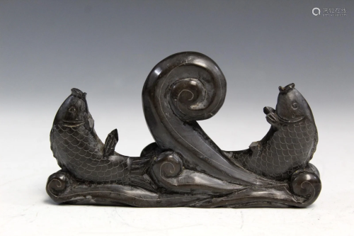 Chinese Carved Soapstone Double-fish Brush Stand.
