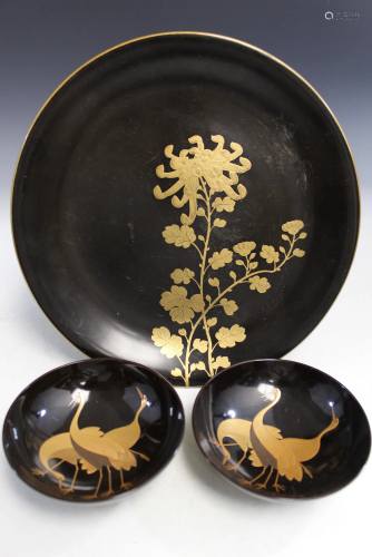 3 Japanese Dark Color Lacquer Dishes