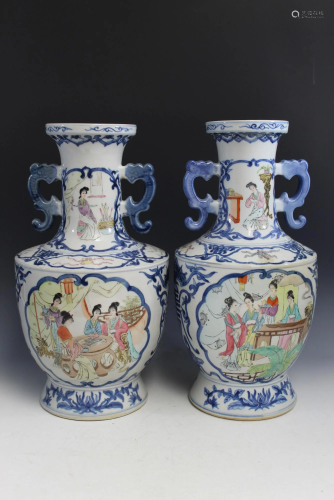 Pair of Chinese Famille Rose Blue and White Porcelain