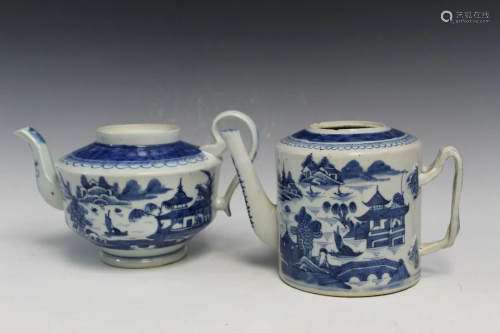 Two Chinese Export Blue and White Porcelain Teapots
