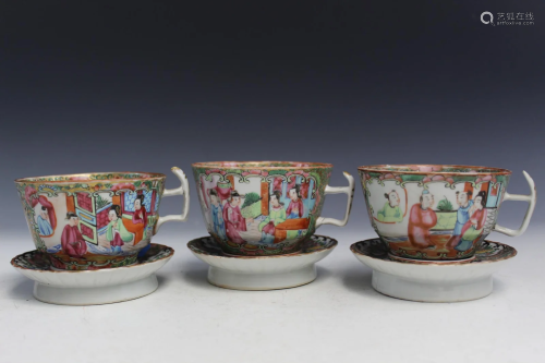 3 Sets of Chinese Rose Medallion Porcelain Teacups on