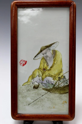 Chinese Porcelain Plaque of an Old Man with a Basket of