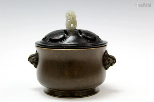 Chinese Bronze Incense Burner with Wood Lid