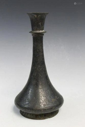 Antique Mid-Eastern Bronze Vase with Silver Inlay
