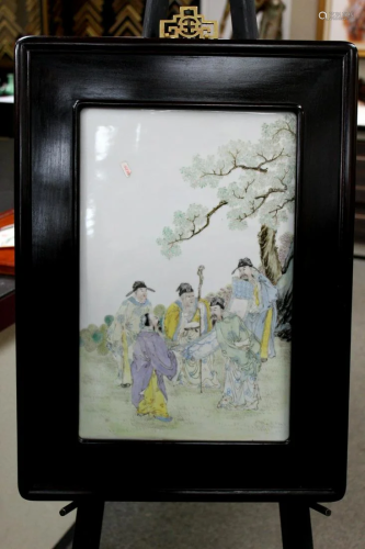 Chinese Porcelain Plaque of a Group of Men Viewing a