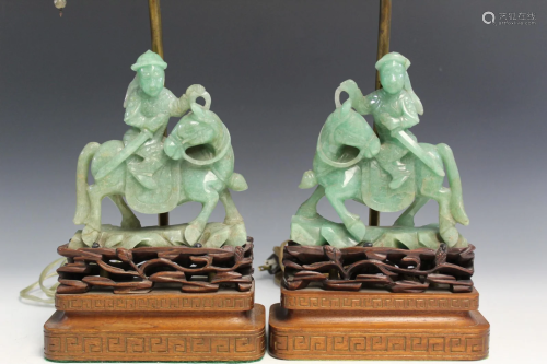 Pair of Chinese Carved Jadeite Statue Lamps