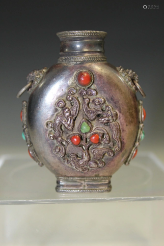 Chinese Metal Snuff Bottle with Coral and Turquoise