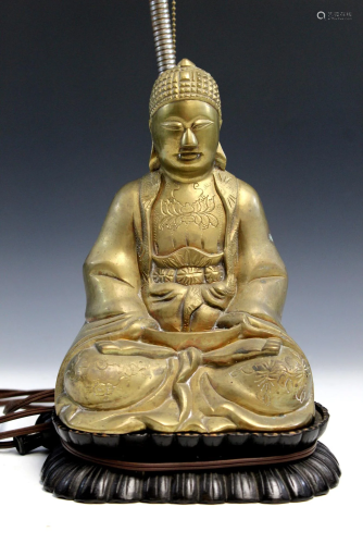 Chinese bronze figure of Buddha, made into a lamp.