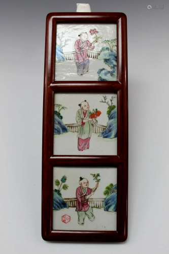 Chinese Framed Three Porcelain Plaque of Children