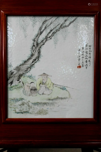 Chinese Painted Porcelain Plaque of a Fisherman Under