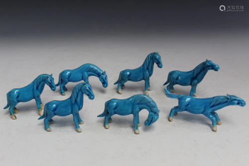 Group of Seven Chinese Turquoise Glaze Porcelain Horse