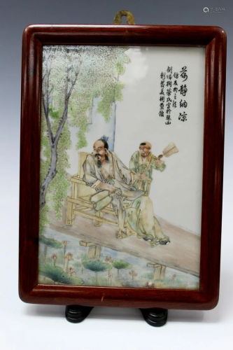 Chinese Framed Porcelain Plaque of Man being fanned by