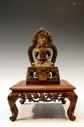 Chinese Bronze Buddha Statue on Wood Stand, 19th C or