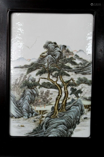 Chinese Painted Porcelain Plaque of River and Pine