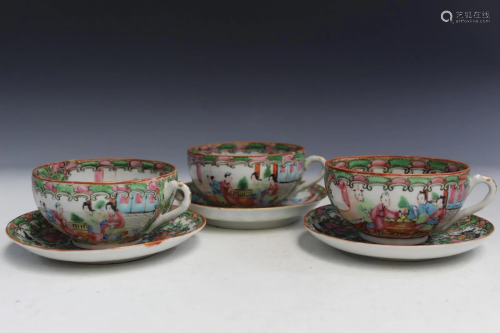 Three Sets of Chinese Rose Medallion Porcelain Teacups