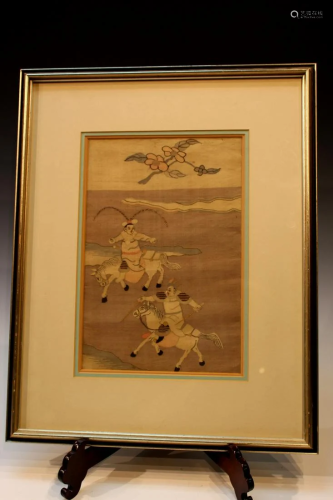 Framed Chinese Kesi Piece of Horse Ridding