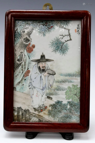 Chinese Painted Porcelain Plaque of an Old Man Holding