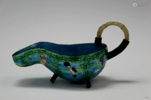 Chinese Enameled Cup with Jade Handle