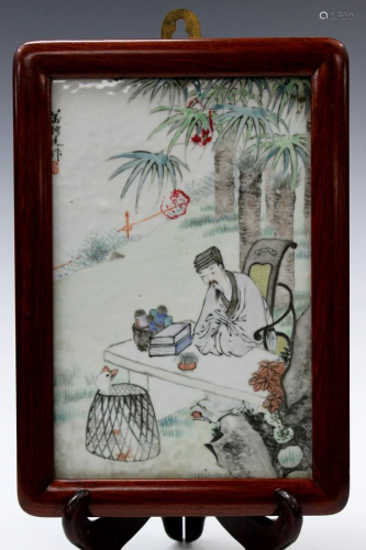 Chinese Painted Porcelain Plaque of Wang Xizhi Watching