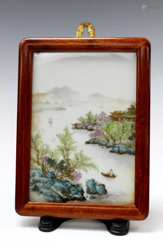 Chinese Frame Porcelain Plaque of River Scene