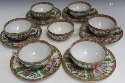 7 Chinese Rose Medallion Porcelain Teacups and 6