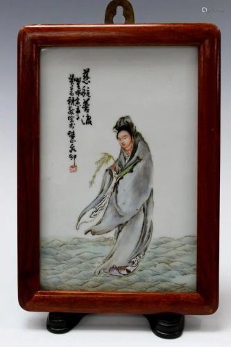 Chinese Framed Porcelain Plaque of a Guan Yin in the