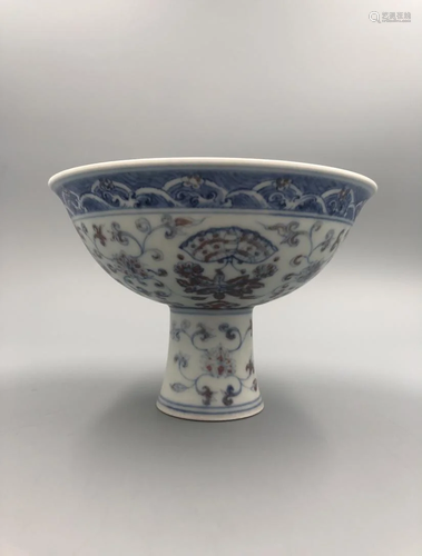 BLUE AND UNDERGLAZED RED FLORAL STEM BOWL