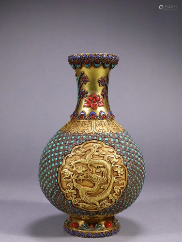 GEMSTONE INLAID GILT BRONZE DRAGON VASE