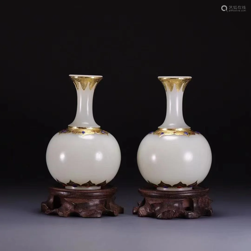 PAIR OF GEMSTONE INLAID WHITE JADE CARVING VASES