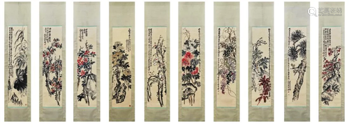 TEN-PANEL PAINTINGS OF FLOWERS, WU CHANGSHUO