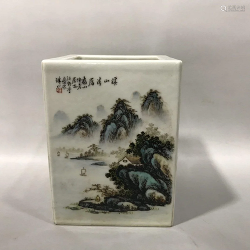 FAMILLE ROSE LANDSCAPE SQUARE PORCELAIN BRUSH POT