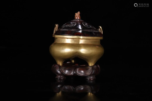 CHINESE GILT BRONZE TRIPOD CENSER