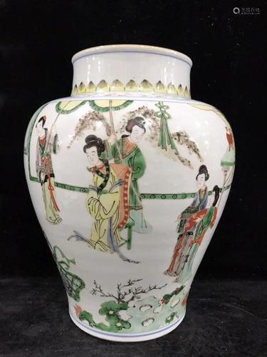 A WUCAI 'LADIES' PORCELAIN JAR