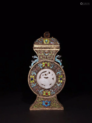 JADE-INLAID GILT SILVER FILLIGREED VASE