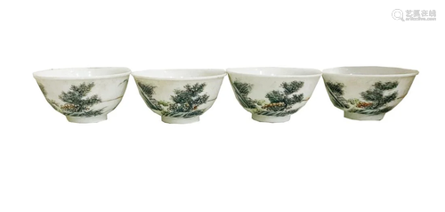 FOUR FAMILLE ROSE LANDSCAPE MOTIF BOWLS