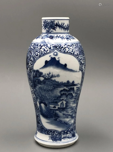 BLUE AND WHITE OPEN FACE LANDSCAPE VASE