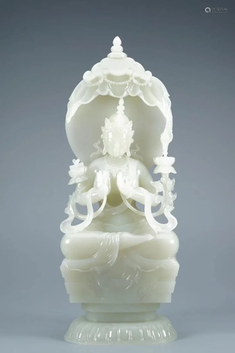 OPENWORK WHITE JADE CARVING SEATED BUDDHA