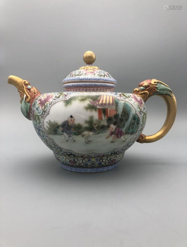 ENAMELED GOLD-PAINTED OPEN FACE TEAPOT