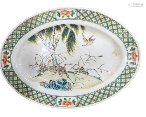 A FAMILLE ROSE 'WILD GEESE' OVAL PLATE