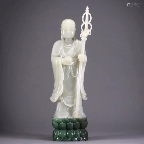 WHITE JADE CARVING KSITIGARBHA ON JASPER STAND