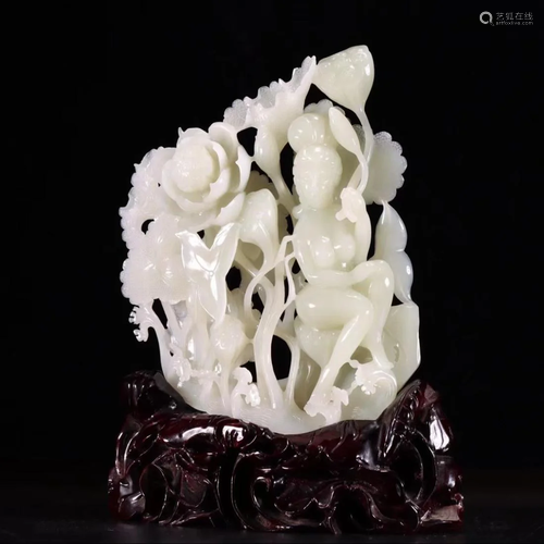 OPENWORK WHITE JADE CARVING FLOWER ORNAMENT