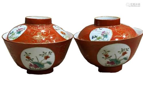 PAIR OF CORAL RED GLAZED FAMILLE ROSE TEA BOWLS