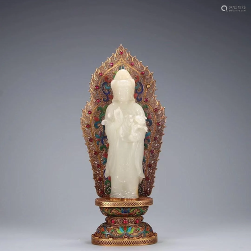 WHITE JADE CARVING OF GUANYIN ON GILT STAND