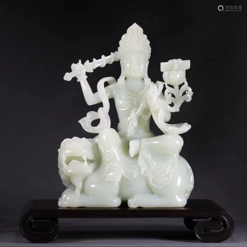 CHINESE WHITE JADE CARVING OF SEATED MANJUSRI